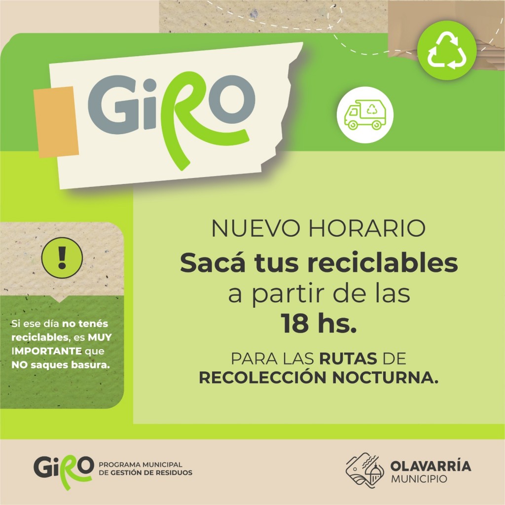 El programa GIRO recuerda que a partir de este viernes, 1° de noviembre la recolección nocturna comenzará más temprano.