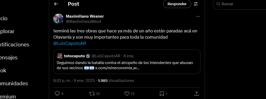 Wesner reclamó obras por la red social X al Ministro Caputo