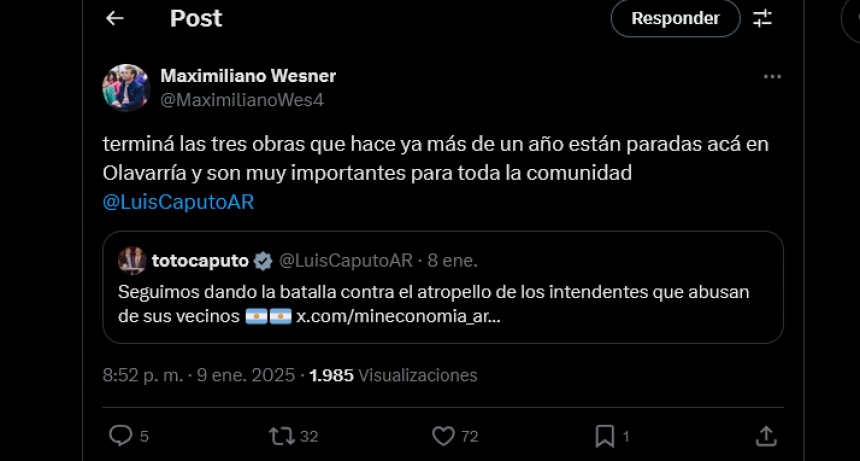 Wesner reclamó obras por la red social X al Ministro Caputo