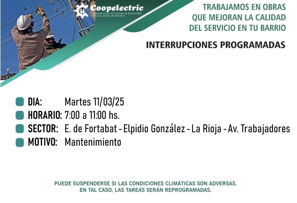  Coopelectric programa interrupciones de servicio para este martes                              