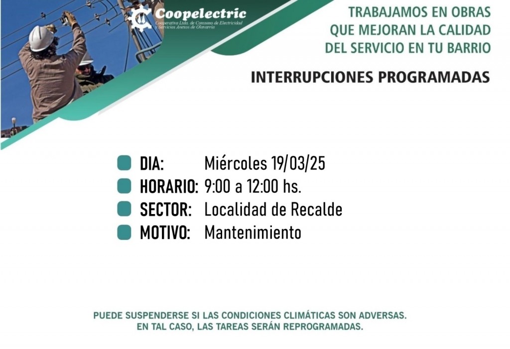 Recalde: Interrupción programada del servicio eléctrico este miércoles