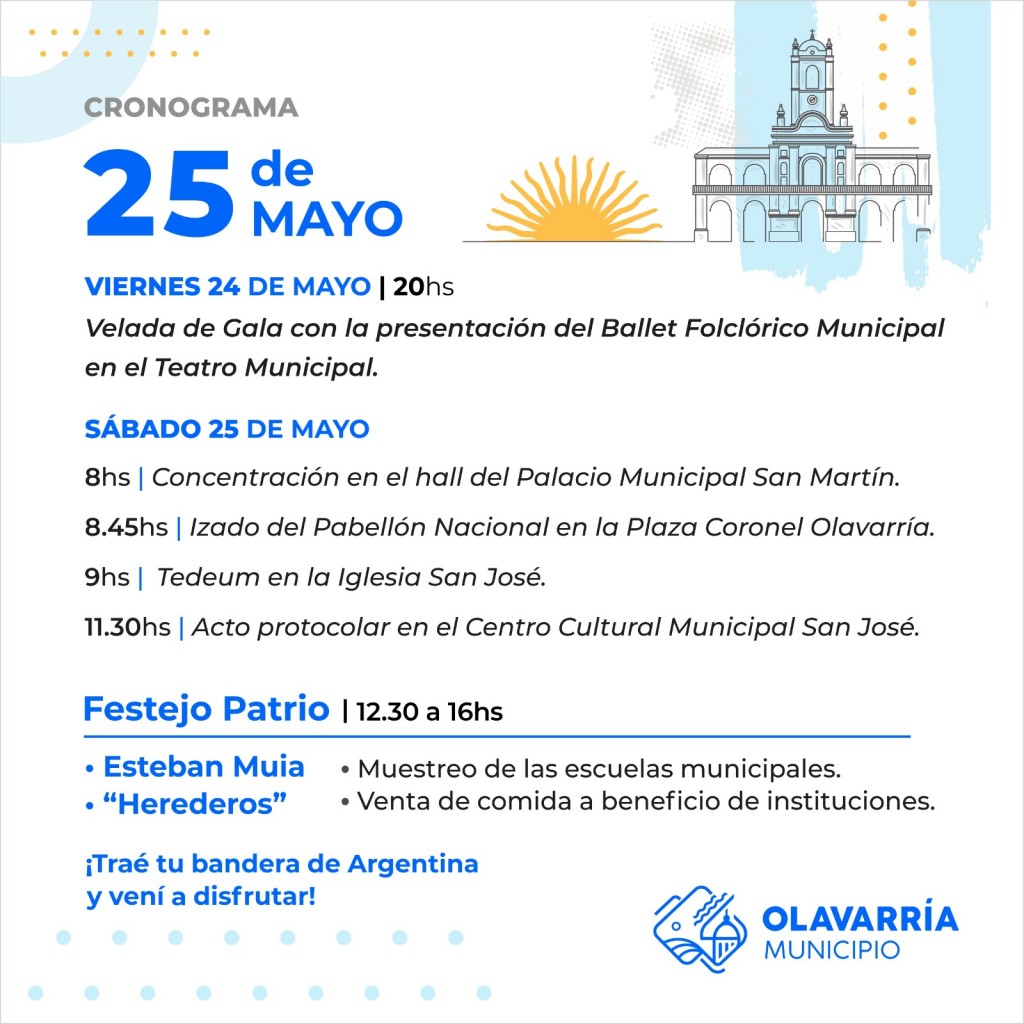 El Municipio de Olavarría dio a conocer el cronograma completo de la celebración del 25 de mayo
