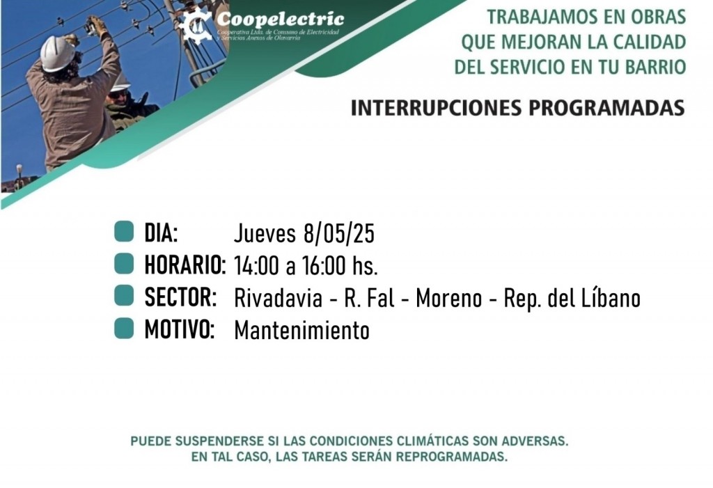 Coopelectric informa interrupción del servicio para este jueves