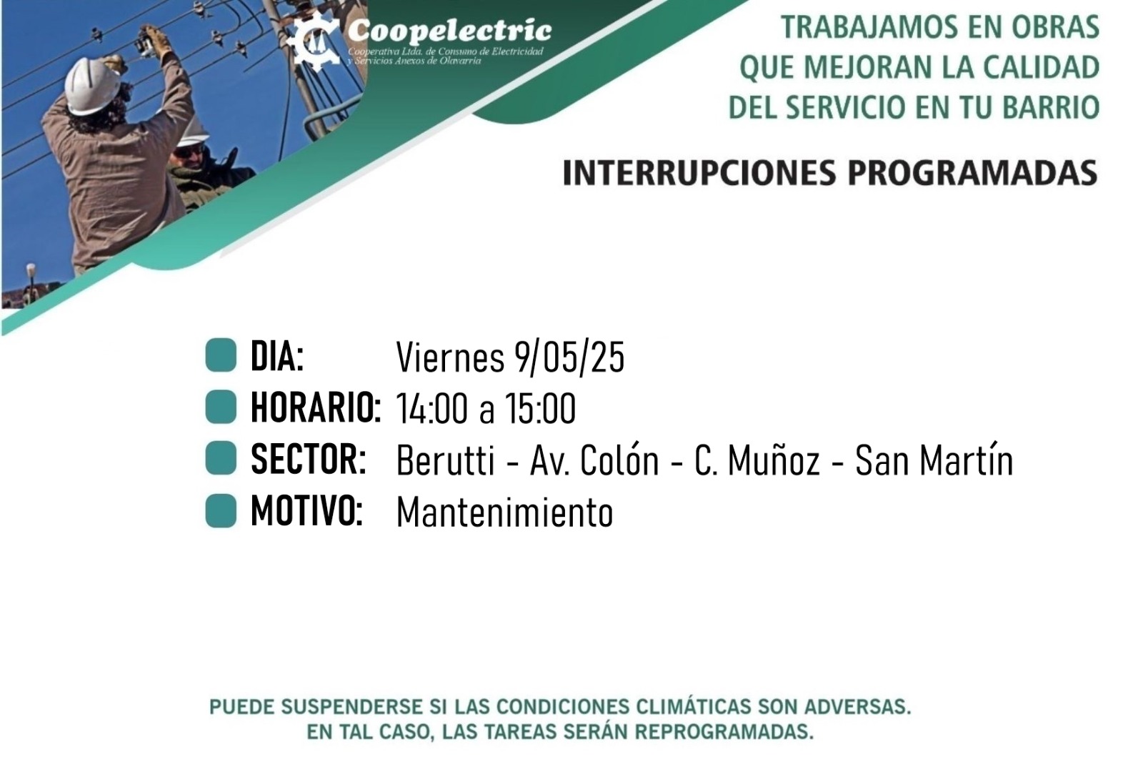 Coopelectric informa corte de luz para este viernes