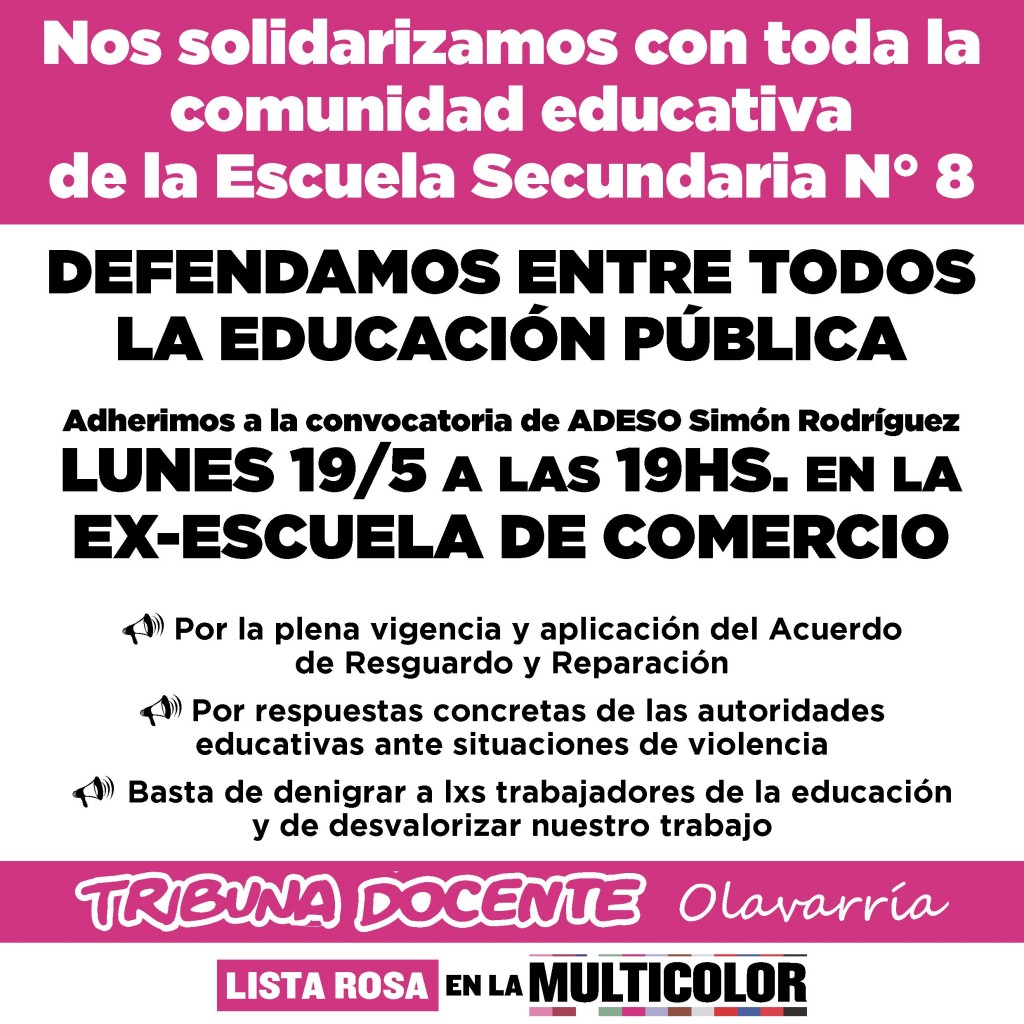 Desde la disidencia del SUTEBA se solidarizan y cargan contra el acuerdo de prevención de las violencias en las escuelas