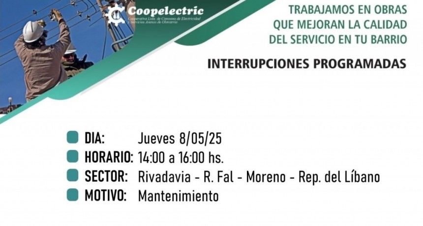 Coopelectric informa interrupción del servicio para este jueves