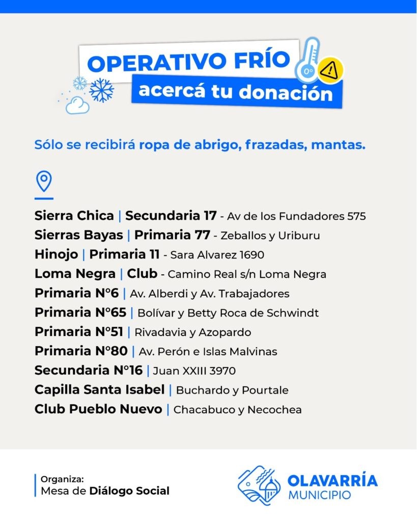 Recibirán donaciones en el marco del Operativo Frío