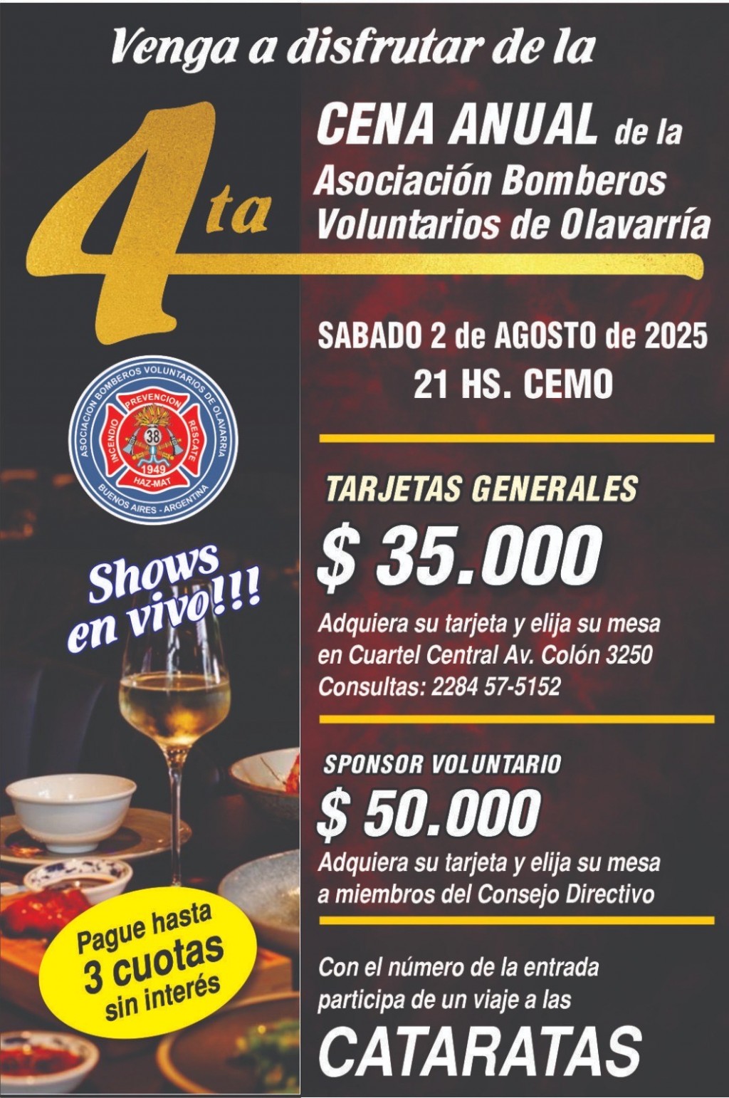 La 4ª Cena Anual de Bomberos Voluntarios de Olavarría será el 2 de agosto
