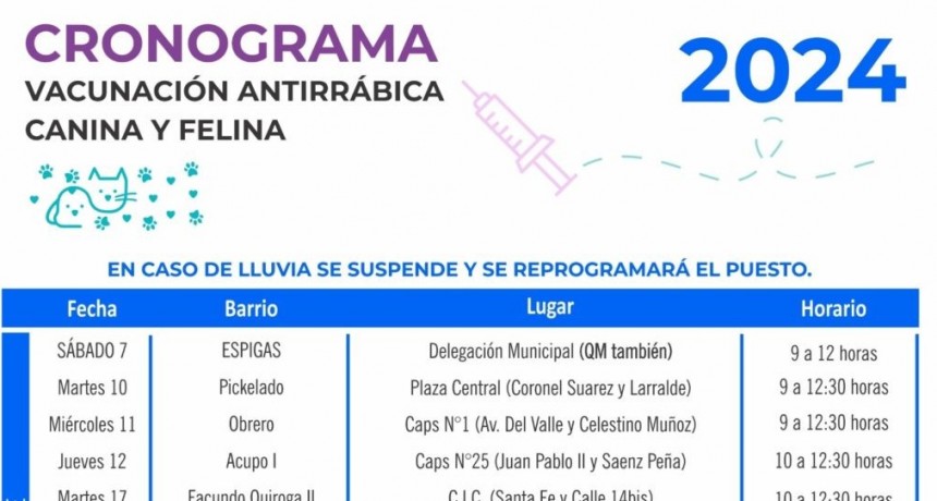 La Dirección de Bromatología informa el cronograma semanal de vacunación antirrábica canina y felina