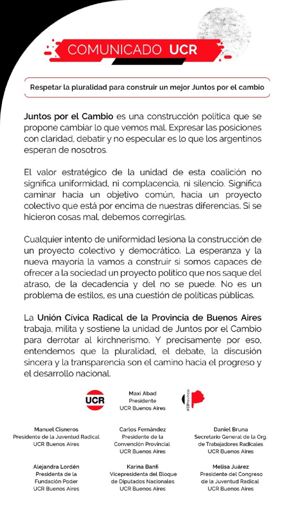 Desde la UCR Bonaerense piden “ respetar la pluralidad para construir un mejor Juntos por el Cambio”