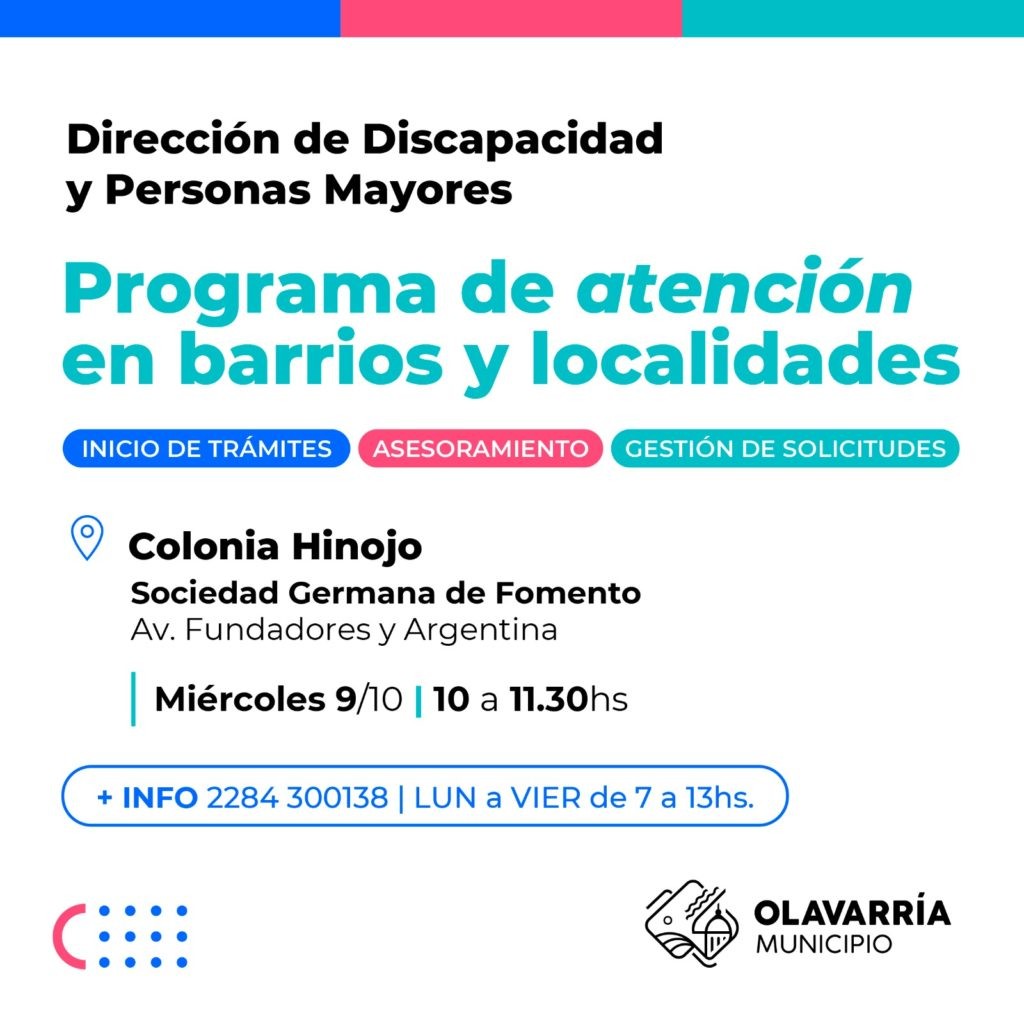 Este miércoles personal de la Dirección de Discapacidad y Personas Mayores atenderá en Colonia Hinojo