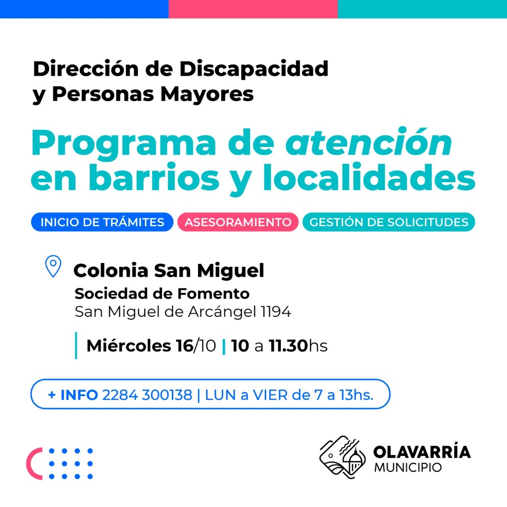 El miércoles, Discapacidad y Personas Mayores en Colonia San Miguel