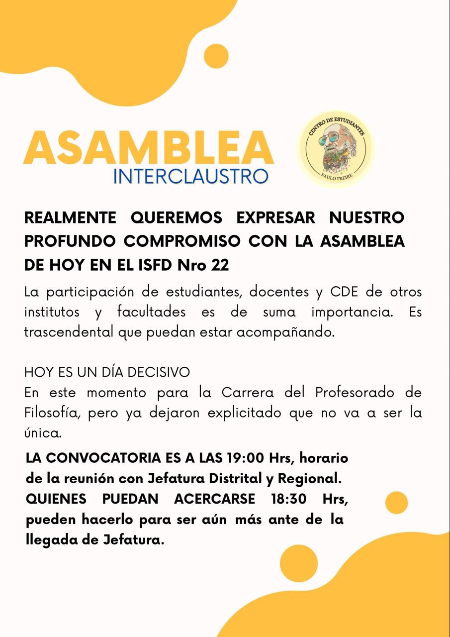 Desde el ISFD 22 convocan a asamblea con autoridades educativas