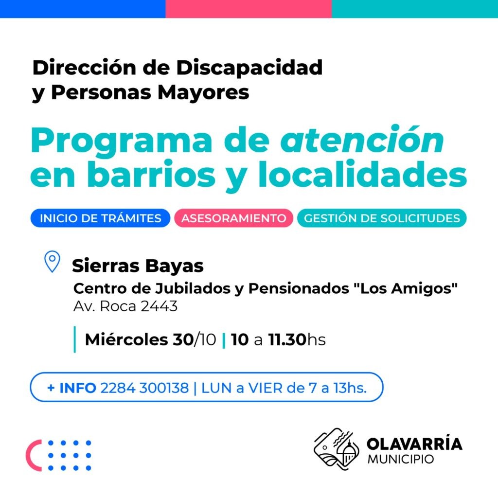 Personal de la Dirección de Discapacidad y Personas Mayores atenderá en Sierras Bayas