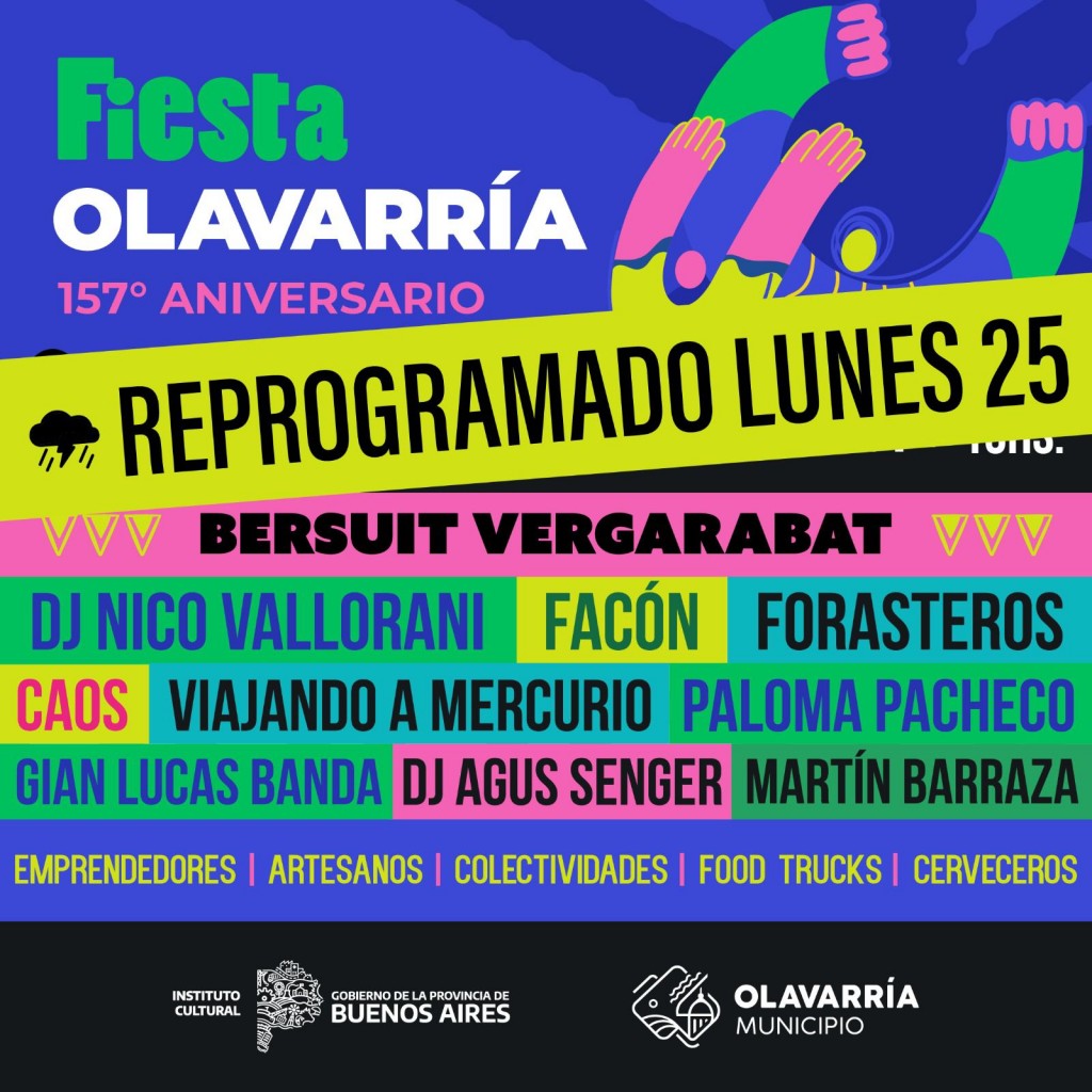 Por el alerta, la Fiesta 157º Aniversario de Olavarría se reprograma para el lunes 25