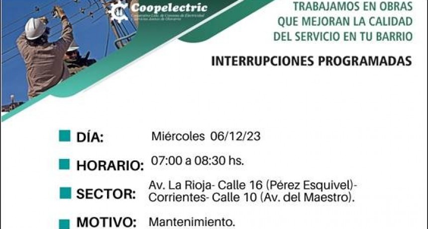 Corte de Energía programado este miércoles 6