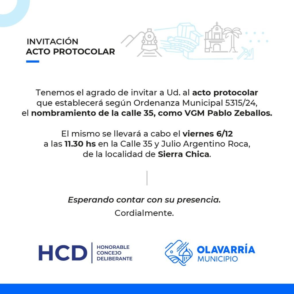 El Municipio invita a participar del acto que impondrá el nombre de VGM Pablo Zeballos a una calle de Sierra Chica